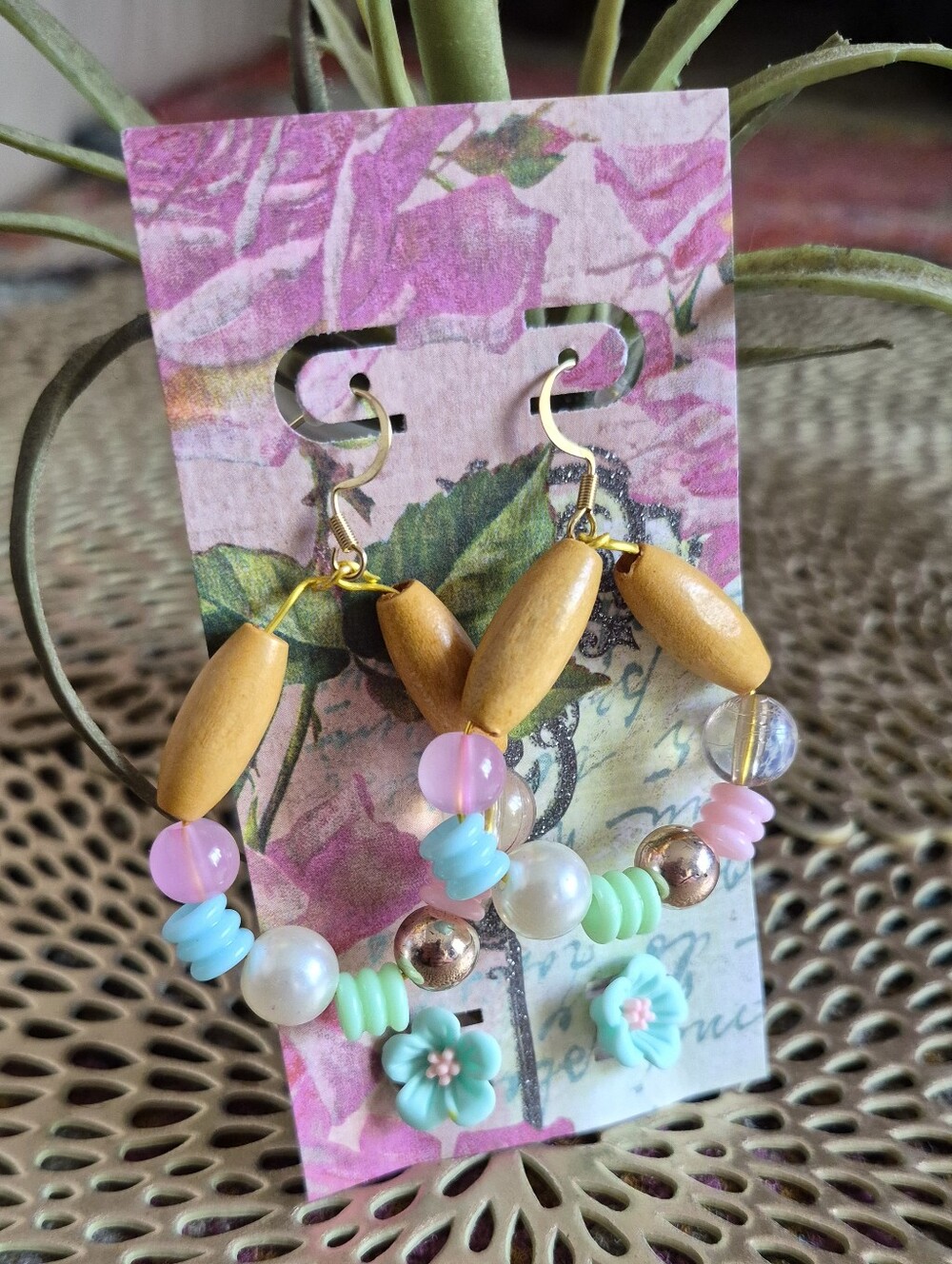 Handmade Pastel Bead & Wood Hoop Earrings With Floral Studs To Pair